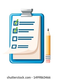 Clipboard with checklist and pencil flat vector illustration on white background