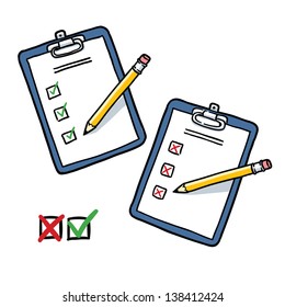 Clipboard With Checklist And Pencil. Heck And Cross Symbols. Cartoon Illustration Isolated On White Background