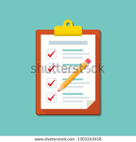 Clipboard with checklist and pencil icon in a flat design.