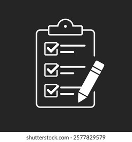 Clipboard with checklist and pencil icon. Quality control result check on paper form with clipboard. Checklist, complete tasks, to-do list, survey, exam concepts.