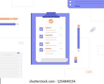 Clipboard with checklist and pencil. Modern flat design. Vector illustration