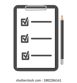 Clipboard checklist with pencil on white background.