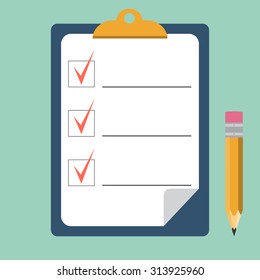 Clipboard with checklist and pencil. Quality Check. flat style. Vector illustration