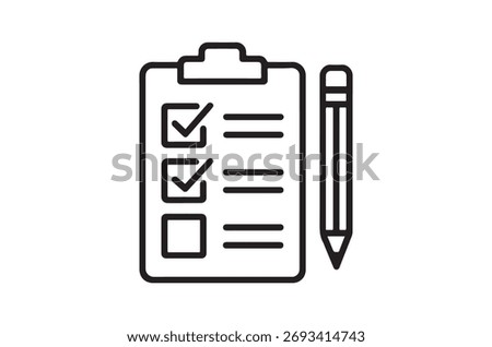 Clipboard with checklist and pencil, a simple office or school icon.