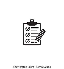 Clipboard with checklist and pencil vector icon. Black illustration isolated on white background for graphic and web design.