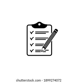 Clipboard with checklist and pencil vector icon. Black illustration isolated on white background for graphic and web design.