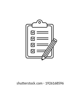 Zwischenablage mit Checkliste und Bleistift-Vektorsymbol. Schwarze Illustration einzeln auf weißem Hintergrund für Grafik und Webdesign.