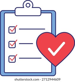 Zwischenablage mit Checkliste und rotem Herz mit Checkmark-Auswahlfeldern blauer Rahmen
