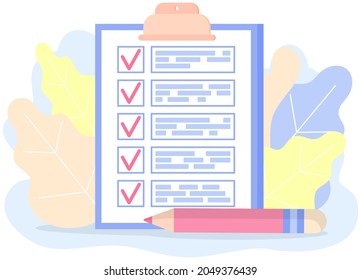 Clipboard with checklist with red tick marks near pencil. Check list, to do plan, questionnaire form. Check sheet, scheduling timetable, daily planning, time management, task completed concept