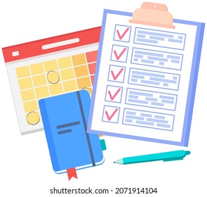 Clipboard with checklist with red tick marks near notebook, calendar. Check list, to do plan, questionnaire concept. Check sheet, scheduling timetable, planning, time management, task completed