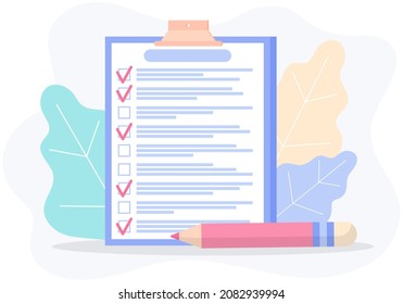 Clipboard with checklist with red tick marks near pencil. Check list, to do plan, questionnaire form. Check sheet, scheduling timetable, daily planning, time management, task completed concept