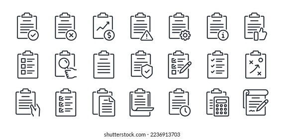 Clipboard, checklist, report, survey or agreement editable stroke outline icons set isolated on white background flat vector illustration. Pixel perfect. 64 x 64. - Shutterstock ID 2236913703