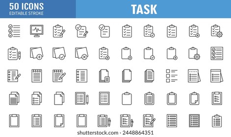 Clipboard, checklist, report, survey or agreement editable stroke outline icons set isolated on white background vector illustration. Pixel perfect. 