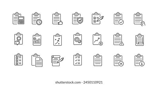 Clipboard, checklist, report, survey or agreement editable stroke outline icons set isolated on white background flat vector illustration. Pixel perfect.