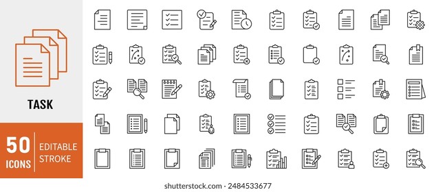 Clipboard, checklist, report, survey or agreement editable stroke outline icons set isolated on white background vector illustration. Pixel perfect. 