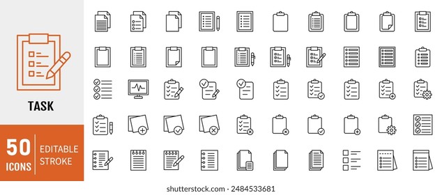 Clipboard, checklist, report, survey or agreement editable stroke outline icons set isolated on white background vector illustration. Pixel perfect. 