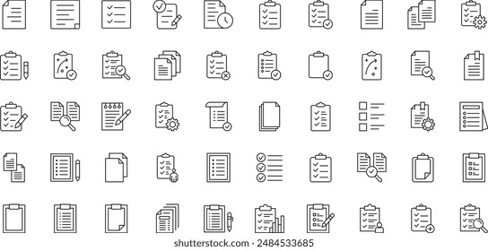 Clipboard, checklist, report, survey or agreement editable stroke outline icons set isolated on white background vector illustration. Pixel perfect. 