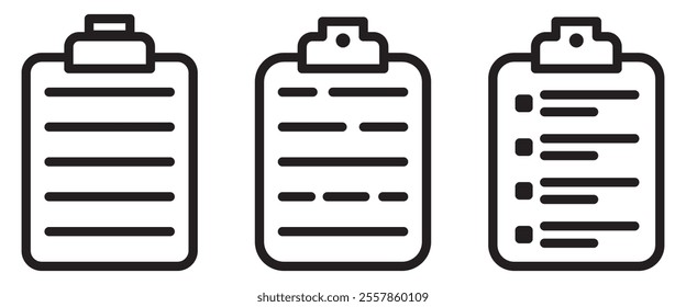 Clipboard, checklist, report, survey or agreement editable stroke outline icons set isolated on white background flat vector illustration. Pixel perfect