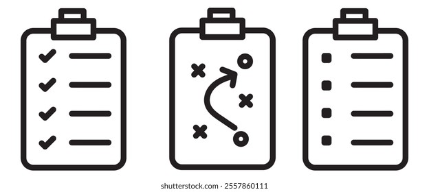 Clipboard, checklist, report, survey or agreement editable stroke outline icons set isolated on white background flat vector illustration. Pixel perfect