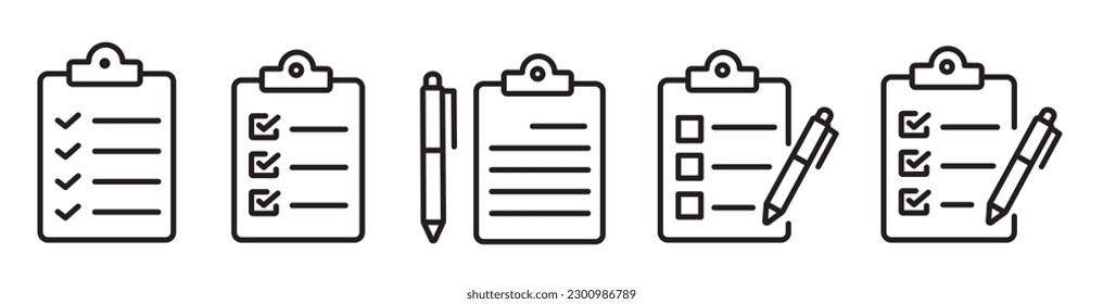 Clipboard, checklist, report, survey editable stroke outline vector icons set. Vector illustration.