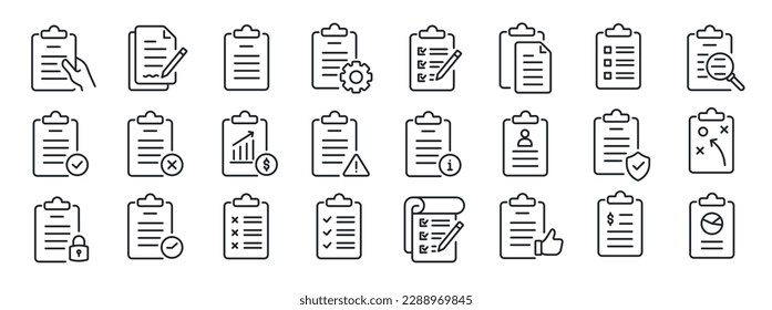 Clipboard, checklist, report thin line icons. For website marketing design, logo, app, template, ui, etc. Vector illustration.