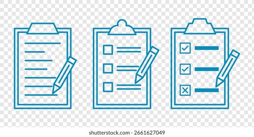 Ícones de linha fina de relatório, lista de verificação e área de transferência. Para design de marketing de site, logotipo, aplicativo, modelo, IU. Ícones da estrutura de tópicos da área de transferência. Símbolo de lista de verificação. Traçado editável. listar conceito de negócios. Projete EPS 10. 