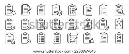 Clipboard, checklist, report thin line icons. For website marketing design, logo, app, template, ui, etc. Vector illustration.