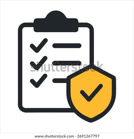 Clipboard with checklist and shield icon, symbolizing security, safety, and task completion with verification.