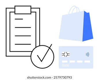 A clipboard with a checklist a shopping bag and a credit card. Ideal for shopping payment organization finance and tasks. Simple clean style