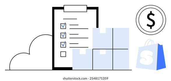 A clipboard with a checklist, a shopping bag, and several packages are visible. Ideal for online shopping, e-commerce, inventory management, business planning, and retail logistics. Minimalist style