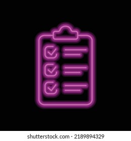 Clipboard with checklist simple icon vector. Flat design. Purple neon on black background.ai