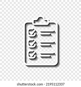 Clipboard with checklist simple icon vector. Flat design. White with shadow on transparent grid. 