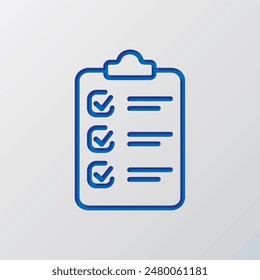 Zwischenablage mit Checkliste Einfache Symbol Vektorgrafik. Flaches Design. Papierschnittdesign. Ausgeschnittenes blaues Symbol mit Schatten. Grauer Hintergrund.ai