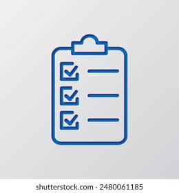 Portapapeles y lista de comprobación simple Vector de iconos. Diseño plano. Diseño de corte de papel. Símbolo azul cortado con sombra. Fondo gris.ai