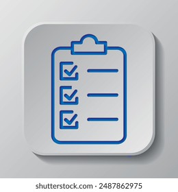Portapapeles y lista de comprobación simple Vector de iconos. Diseño plano. Diseño de corte de papel. Símbolo azul cortado con sombra. Insignia gris Botón, fondo gris.ai