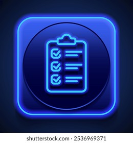 Portapapeles con lista de verificación Vector de icono simple. Diseño plano. Estilo de neón azul en el Botón. Con shadow.ai