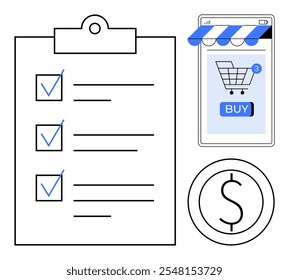 Clipboard with checklist, smartphone with shopping cart and BUY button, and dollar currency symbol. Ideal for e-commerce, online shopping, finance, task management, digital payments. Simple and clean