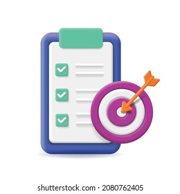 Clipboard, checklist and target with arrow icon. Project management. Goal settig, effective planning, successful targeting 3d.