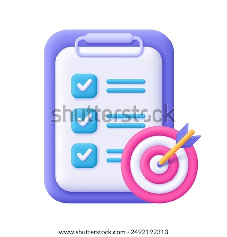 Clipboard with checklist and target. Business, assignment target, success goal, task management and time planning and  concept. 3d vector icon. Cartoon minimal style.