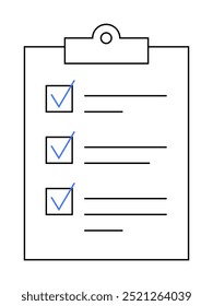 A clipboard with a checklist of three items, each marked with a blue checkmark. Ideal for productivity, task management, organization, project planning, and to-do lists. Simple minimalist style.