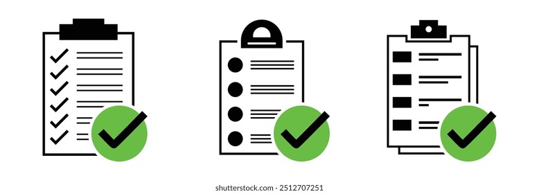 Zwischenablage mit Checklisten-Vektorsymbol. Symbol für Dokumentprüfliste Formularsymbol. Vektorgrafik. Aufgabe abgeschlossen. Signiertes Symbol eines genehmigten Dokuments. Projekt abgeschlossen. Entwurf eps 10