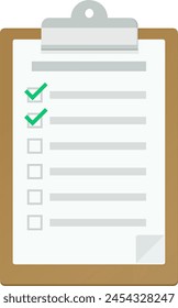 Clipboard with a checklist of which the first 2 checkboxes are validated in flat design style (cut out)