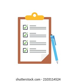 Clipboard with checklists, questionnaires, feedback, assessments and pencil icons in a simple design.