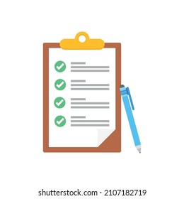 Clipboard with checklists, questionnaires, feedback, assessments and pencil icons in a simple design.