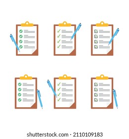 Zwischenablage mit Checklisten, Fragebögen, Feedback, Bewertungen und Bleistift-Symbole in einem einfachen Design.
