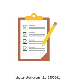 Clipboard with checklists, questionnaires, feedback, assessments and pencil icons in a simple design.