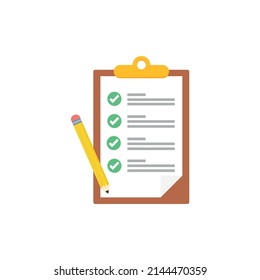 Clipboard with checklists, questionnaires, feedback, assessments and pencil icons in a simple design.