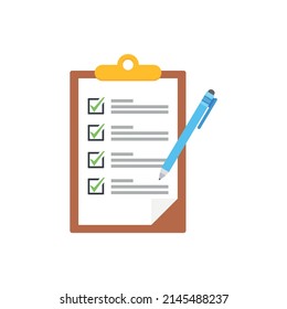 Clipboard with checklists, questionnaires, feedback, assessments and pencil icons in a simple design.