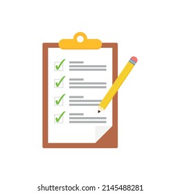 Zwischenablage mit Checklisten, Fragebögen, Feedback, Bewertungen und Bleistift-Symbole in einem einfachen Design.