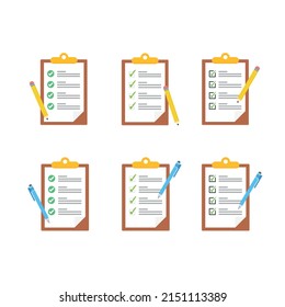 Clipboard with checklists, questionnaires, feedback, assessments and pencil icons in a simple design.